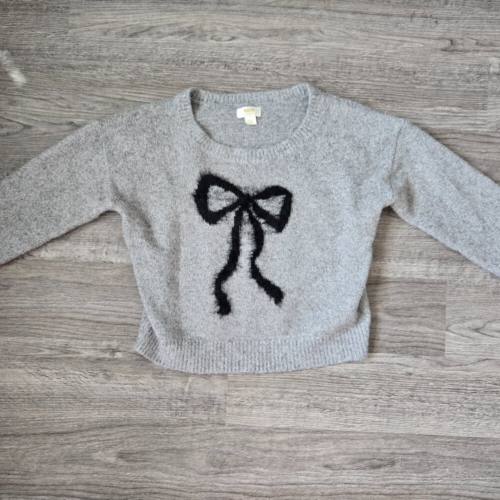 MAEVE Gray Sparkle Black Bow Sweater Sm Wool Blend Anthropologie